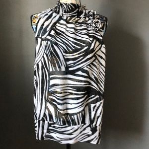 Zebra print sheer mock-neck blouse